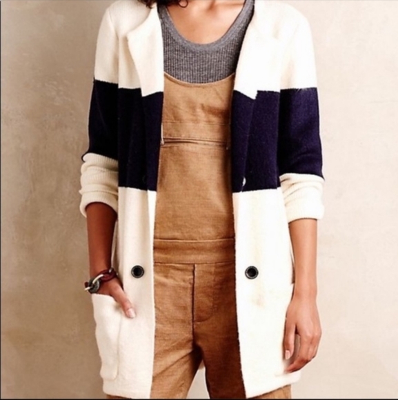 Women's XL Anthropologie La Fee Verte Navy Color Block Stripe Cardigan Sweater - Picture 2 of 16